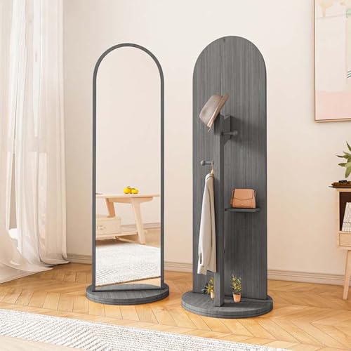 Espejo giratorio de longitud completa con marco de madera maciza y perchero, elegante espejo de tocador que ahorra espacio para dormitorio, sala de estar o entrada