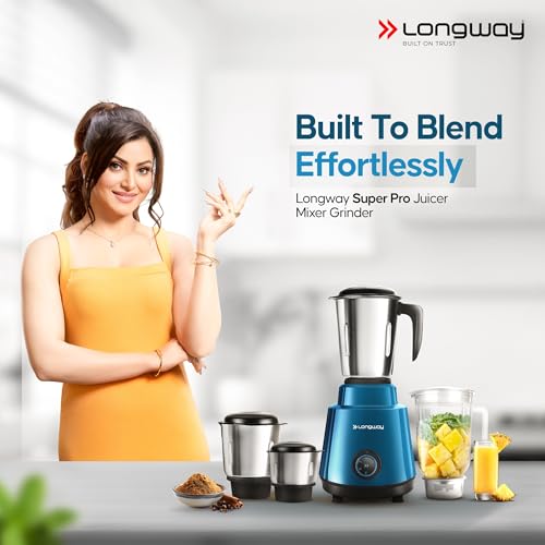 Longway Super Pro Juicer Mixer Grinder | Up to 750 Watt Powerful Motor | 4 Jars for Grinding, Mixing, Juicing | 2 Years Warranty (Blue & Black) view 2