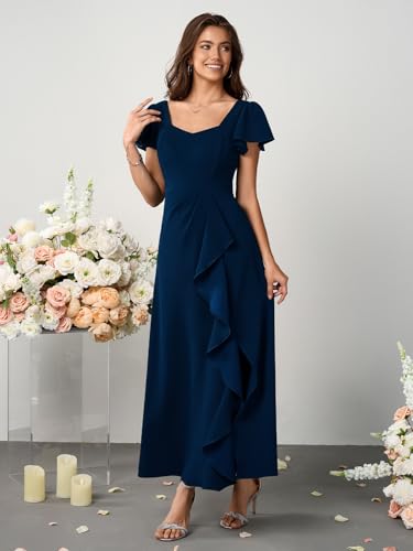 Image of Womens Long Semi Formal Cocktail Dresses Square Neck Split Elegant Evening Party Gowns Ruffle Wedding Guest Dress