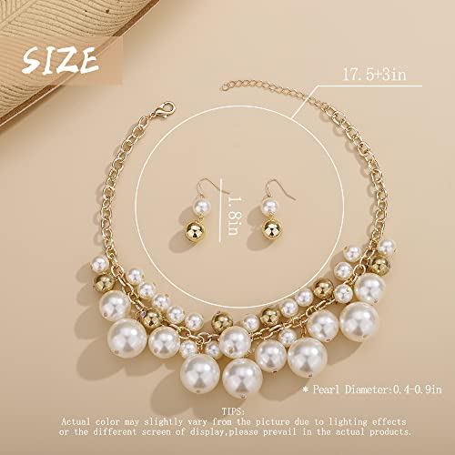 Aimimier 1920S Big Faux Pearl Strand Choker Necklace With Earrings Gold Chain Gold Beads Cluster Necklace For Women (Style 2) #TOP2