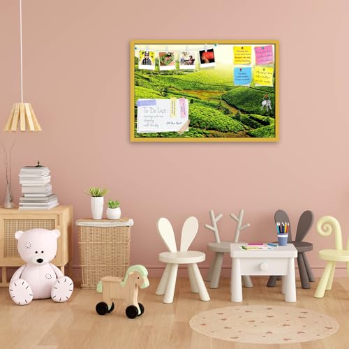 Image of ArtzFolio Tea Plantations, Munnar, Kerala | Bulletin Board Notice Pin Board | Vision Soft Board Combo with Thumb Push Pins & Sticky Notes | Golden Frame | 36 x 24 inch (91 x 61 cms)