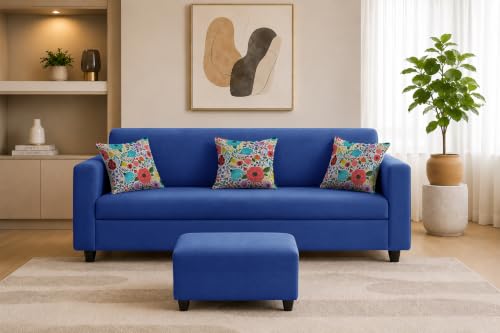 Image of Rosebell 3 Seater Sofa with Ottoman | Living Room Couch | with Printed Cushions | Sofa for Home, Apartment & Office-Blue Color