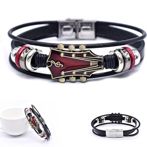 Image of Leather Bracelet for Men, Stylish Music Themed Guitar Bracelet, Adjustable Wristband for Casual Wear, Red, Hand Chain Leacther Music Themed Gifts, 20.5 cm