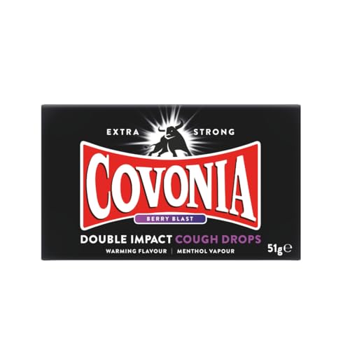 Covonia Double Impact Cough Drops Berry Blast  Powerful Menthol Vapours  Suitable for Vegetarians  Alcohol Free Cough Drops  51g