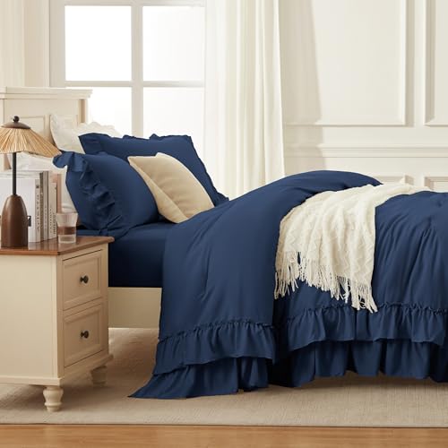 Image of Andency Navy Blue King Comforter Set (104x90Inch), 3 Pieces Ruffle Comforter Set with 2 Pillowcases, Farmhouse Shabby Chic Lightweight Fluffy Soft Polyester All Season Bed Set