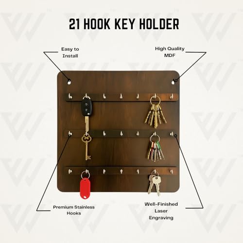 Image of Stylish Wooden Large Key Holder 21 Hook Hanger for Home Decor 2 Hook Wall Without Driling Self Adhesive Free