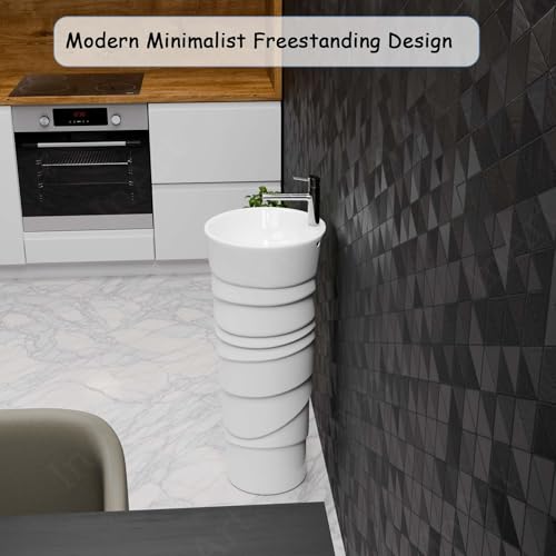 Image of InArt One Piece Ceramic Pedestal Free Standing Round Wash Basin for Living Room and Bathroom (15 x 15 x 34 Inch, White)