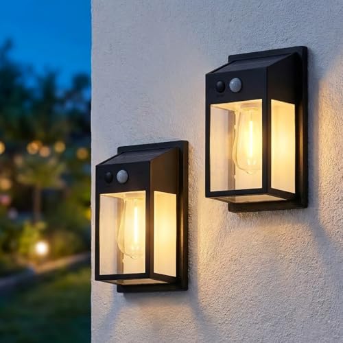 Solar Porch Lights Outdoor 2 Pack, Motion Sensor Solar Wall Lights with 3 Lighting Modes, Dusk to Dawn Waterproof Wall Lanterns Sconce for Front Door, Garage, Fence, Patio