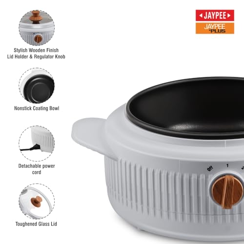 Image of Jaypee Plus Electric CookSmart Casserole with Teflon NonStick Coating Bowl for Reheating & Cooking, Serving Casserole Wooden Finish Lid & Regulator Knob Toughened Glass Lid, 1500 ml, Grey