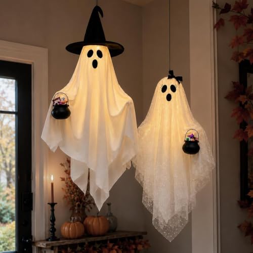 Decoración de Halloween exterior con 2 fantasmas colgantes para el césped y la entrada 4
