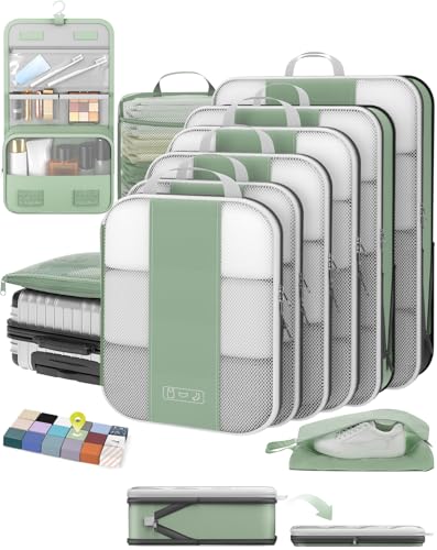 Image of OlarHike 10-Pack Compression Packing Cubes for Travel Essentials,Compressible Expandable Packing Cubes for Suitcase,Luggage Garment Bags for Travel,Handy Helper for Organizing Clothes(Matcha Green)