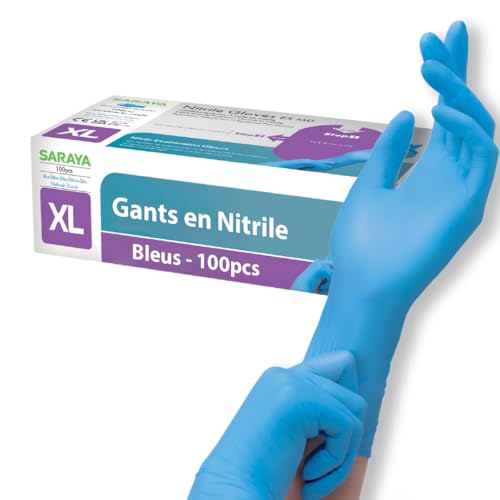サラヤ SARAYA - Gants Jetables - Gants Nitrile - Bleus - Sans Latex - Non Poudré - Grande Élasticité - Ajustement Optimal - Doigts Anti-Dérapants -...