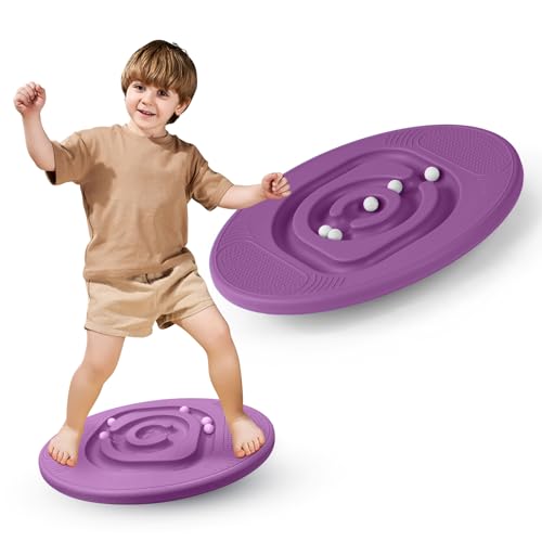 Wobble Balance Board Kids Rocker Board with 5 Balls, Kids Balance Board, Anti-Slip Surface Stability Core Strength, Wobble Balance Board for Yoga and Physical Therapy Exercise Purple