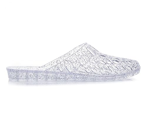 Image of Womens Jelly Shoes, White Jellies Sandals Glitter Clear Flats Slip On Summer Beach Slippers Transparent Closed Toe Soft Slide