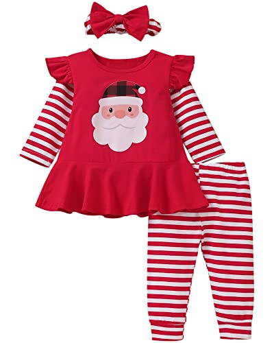 fioukiay Christmas Outfit Toddler Baby Girls Santa Claus Ruffle Tunic Top Striped Pants Fall Winter Clothes Set (Red, 2T)