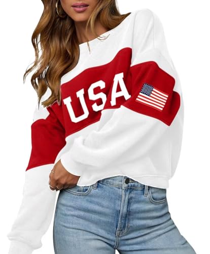 LEEDYA Womens USA Sweatshirt Oversized American Flag Sweater Long Sleeve Crewneck Fourth of July Hoodies Loose White M