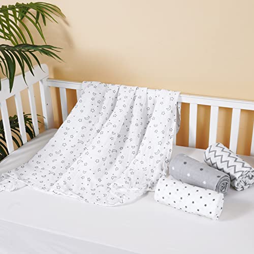 Phf 100% Cotton Muslin Baby Swaddle Blanket, 4 Pack Ultra Soft Baby Muslin Blanket For Baby Girls And Boys, Unisex Receiving Blankets Swaddle Wrap For Newborns, Large 47X47 Inches, White Grey Star #TOP4