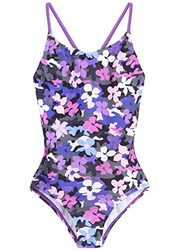 Kanu Surf Girls' Hurricane Beach Sport UPF 50+ 1-Piece Swimsuit, Garden Camo Black/Purple, 4T