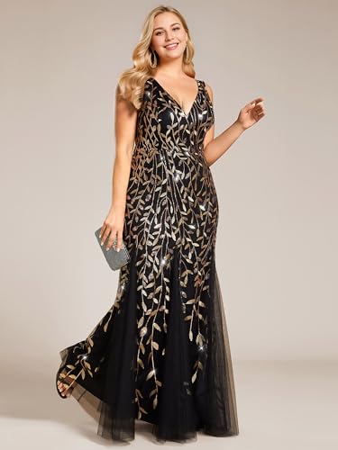 Image of Ever-Pretty Plus Sequin Formal Dresses Sleeveless V Neck Mermaid Ball Gowns Plus Size Prom Dress