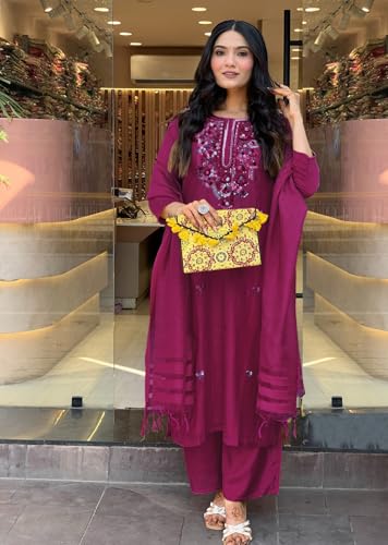 Image of ANNI Designer Women's Rayon Viscose Embroidered Straight Kurta with Pant & Dupatta