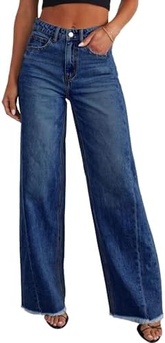 PRETTYGARDEN Wide Leg Jeans for Women Trendy 2025 High Waisted Stretchy Baggy Raw Hem Denim Palazzo Pants with Pockets (Bluing,4)