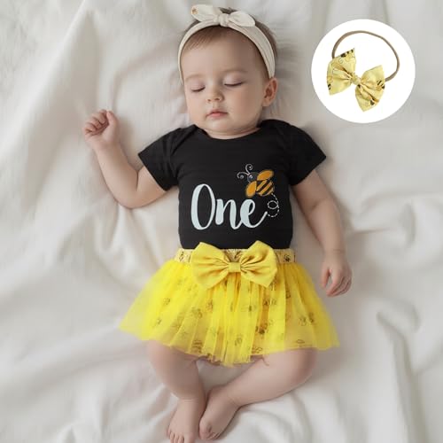 Baby Girl First Birthday Outfit Bee Goose Print One Romper+Tulle Tutu Skirt+Headband+Socks 4Pcs 1st Birthday Dress2