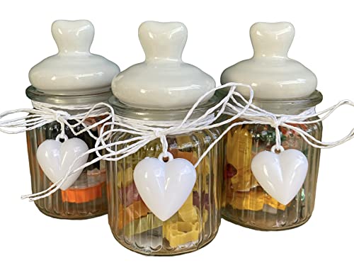 Tarro de cristal de 250 ml, bote de decoración LOVE, recipiente hermético transparente, decorado con cinta y corazón, con tapón de porcelana (blanco, vidrio y cerámica)