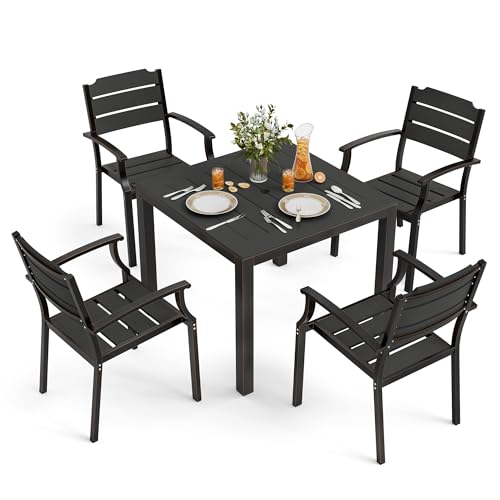 Cozyman HDPS Patio Table and Chairs Set, 5 Piece Square Table Patio Furniture Set, HDPS All-Weather Material Outdoor Dining Table and Chair,Outdoor Furniture Set with Umbrella Hole, Black