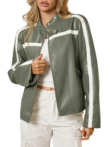 Tankaneo Womens Faux Leather Bomber Jackets Zip Up Color Block Moto Biker Jacket Casual Vintage Y2K Racing Coat
