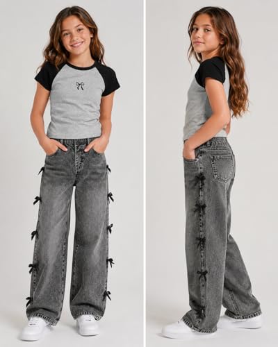 Image of Azmxynol Tween Girl Clothes Short Sleeve Top + Butterfly Design Jeans 2 Pieces Spring Summer Outfit Set, Size 6-16 Years