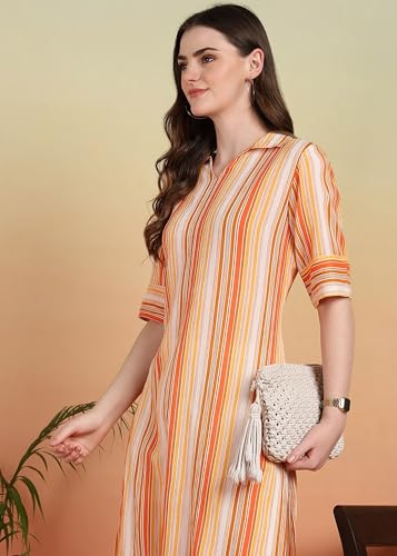 Image of Akiko Women's Cotton Crape Calf Length Strip Print Half Lenght Sleeve V-Neck Straight Kurta(Orange)