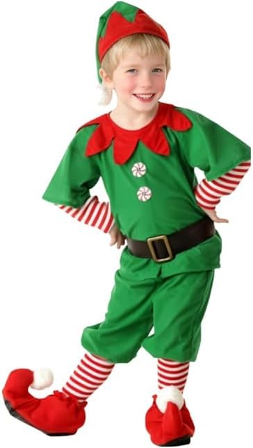 Kids Elf Costume for Boys Santa's Little Elf Helper 5 Pc Christmas Dress Up Costumes Red and Green Xmas Fancy Dress Outfit for Kids Tunic Top, Trousers, Hat, Socks, Belt for Party Festival