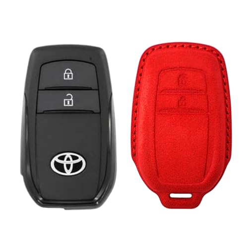 Image of KMH Alcantara Car Key Cover Compatible with Toyota Innova Crysta Hilux 2 Buttons Shell Case Car Accessories Key Smart Keycover (D2) Red - Pack of 1