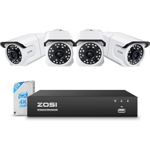 ZOSI 4K PoE Security Camera System,4 x 8MP Weatherproof Surveillance Cameras with One-Way Audio,People Counting,Night Vision,Person Vehicle Detection,8CH 4K NVR with 2TB HDD for Home 24/7 Re