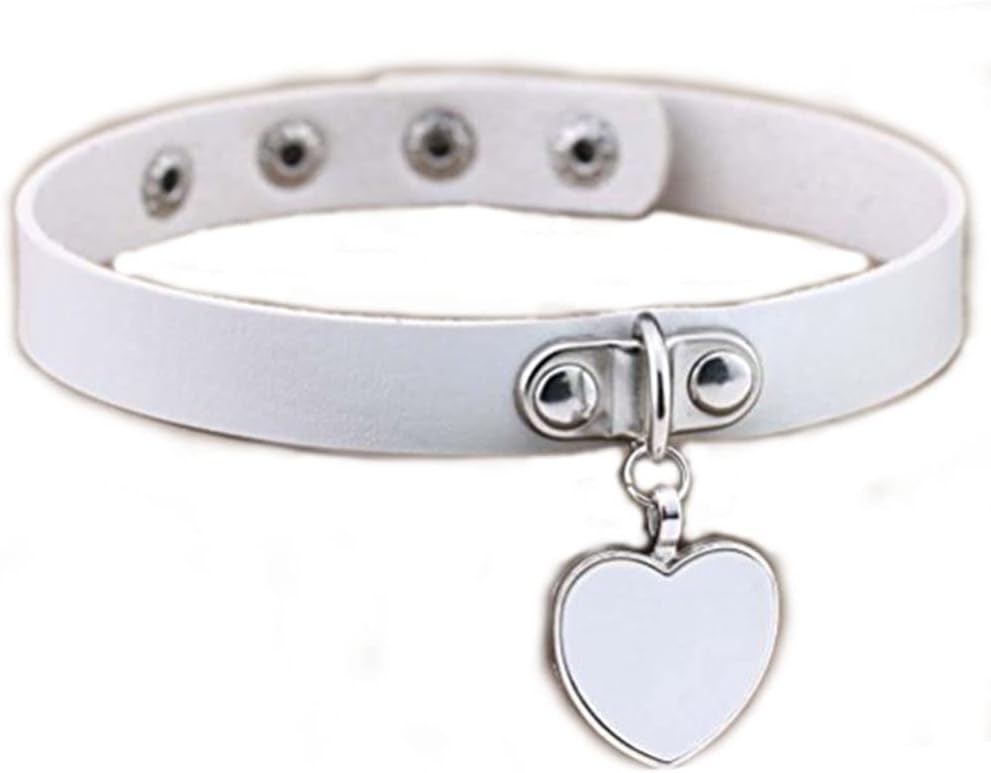 AKOAK Fashion Cool Rock Style Steampunk Punk Goth Heart-Shape Pendant Link PU Leather Collar Choker Necklace(White)
