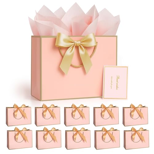10 Pack Large Gift Bags with Handles, Bow Paper Gift Bags Set 32 x 25 x 11CM with 20 Tissue Papers & 10 Greeting Cards for Birthday Wedding Valentine’s Day Gifts (Rose Gold)