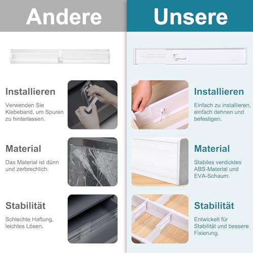 MOFELON Schubladentrenner Verstellbar, 4 Set Schubladen Trenner für Innenlänge 33-58.5cm & Höhe＞6.4cm, Schubladen Organizer Ordnungssystem für Küche, Kleiderschrank, Kommode, Schlafzimmer-Weiß