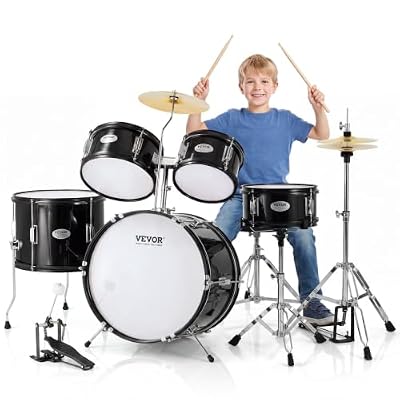 VEVOR Kids Drum Set, 5 Piece 16in Beginner Youth Full Drum Set with Bass Toms Snare Floor Drum Adjustable Throne Cymbal Hi-Hat Pedal and Two Pairs of Drumsticks, Starter Drum Kit for Child Kids, Black