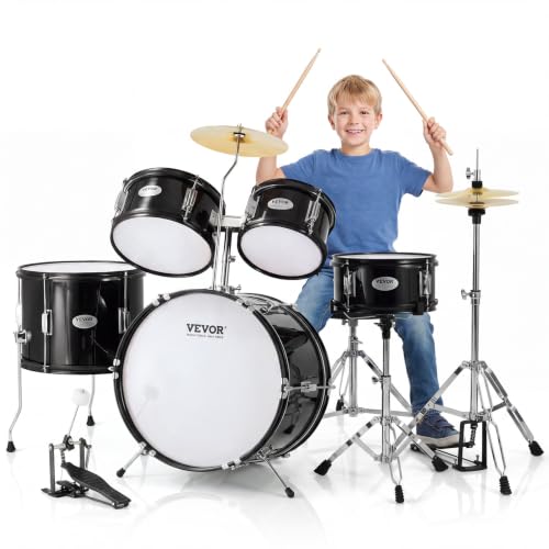 VEVOR Kids Drum Set, 5 Piece 16in Beginner Youth Full Drum Set with Bass Toms Snare Floor Drum Adjustable Throne Cymbal Hi-Hat Pedal and Two Pairs of Drumsticks, Starter Drum Kit for Child Kids, Black