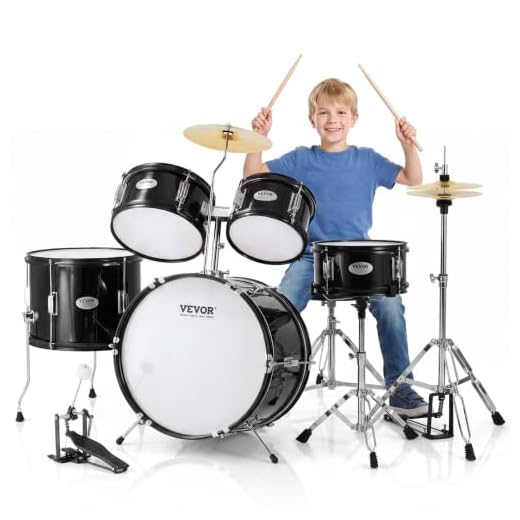 VEVOR Kids Drum Set, 5 Piece 16in Beginner Youth Full Drum Set with Bass Toms Snare Floor Drum Adjustable Throne Cymbal Hi-Hat Pedal and Two Pairs of Drumsticks, Starter Drum Kit for Child Kids, Black