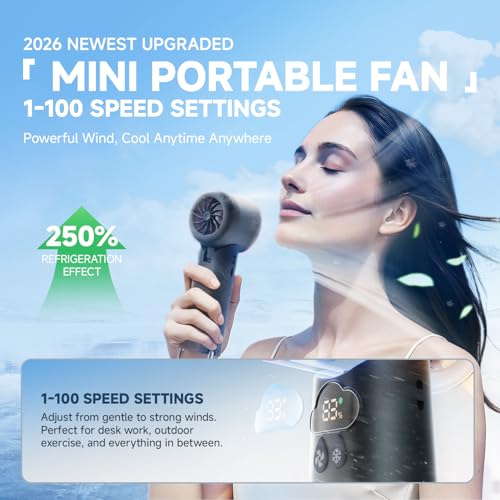 Portable Handheld Mini Turbo Fan, [100 Speeds & 15000RPM Coldest Turbo Hand Fan] 24h Max Cooling, Rechargeable Mini Pocket Fan, LED Display Collapsible Personal Fan for Travel, Office (Grey) — view 2