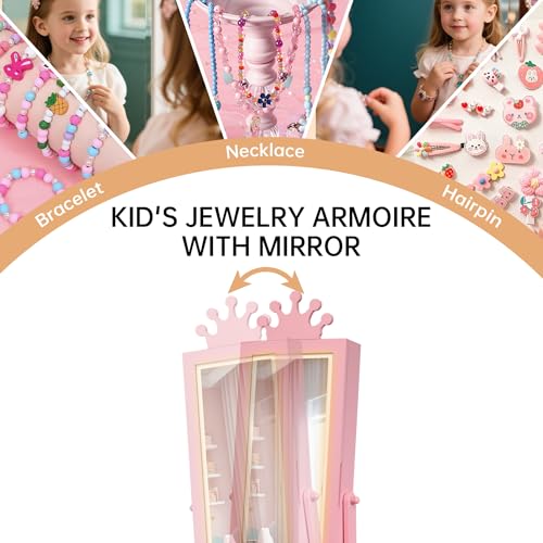 Garvee Kids Jewelry Cabinet with Full-Length Mirror, Freestand Mirror with Storage Drawers, Kids Vanity Dress Up Mirror with Jewelry Organizer, 46" Jewelry Armoire for Bithday/Christmas(Pink)