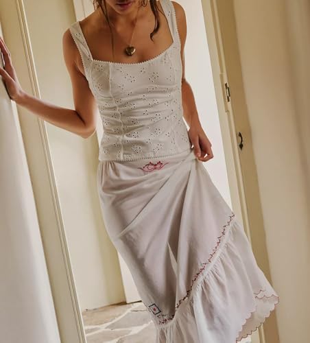 Women Summer Eyelet Cami Tops Y2k Sleeveless Scoop Neck Tank Top Wide Strap Slim Fit Going Out Crop Tops4