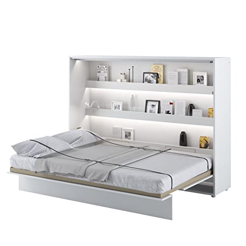Arthauss Multifunctional Horizontal Wall Bed - Fold Down Bed with Soft Close System and Functional Shelves - Practical Murphy Bed Alternative for a Modern Home 140 x 200cm in White Gloss