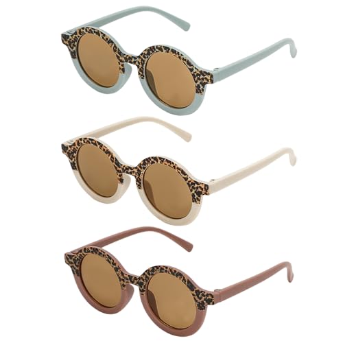 Whaline Sunglasses for Kids Round Leopard Print with 3Pcs Storage Bags Cute Eyewear UV 400 Protection for Summer Beach Party Photography Booth Prop Accessories (3 Pairs)