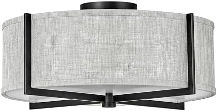 Hinkley Axis Three Light LED Medium Semi-Flush Mount Fixture, Hospitality Diffuser, Galerie, Black Finish w/Heathered Gray Slub Shade