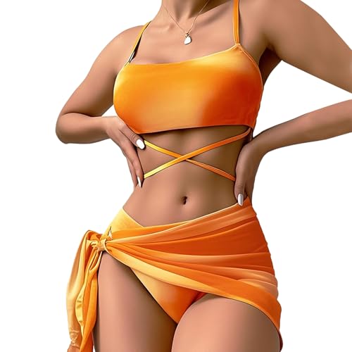 UoQo 3Piece Women's Bikini Sets with Skirt Halter High Waisted Bikini Set Beach Swimsuit Swimwear Sexy Triangle Bikini Bottoms (UK, Alpha, M, Regular, Regular, Orange)