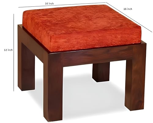 Image of Loonart Solid Sheesham Wood Coffee Table with Four Cushioned Stools | Idel for Living Room | Cafe | Restaurant | Space Saving Indoor Table Set | Finish Color - Natural Teak Finish | Pink Cushion |