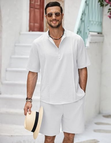 COOFANDY Men's 2 Pieces Linen Set Henley Shirt Short Sleeve and Shorts Summer Beach Yoga Matching Outfits4