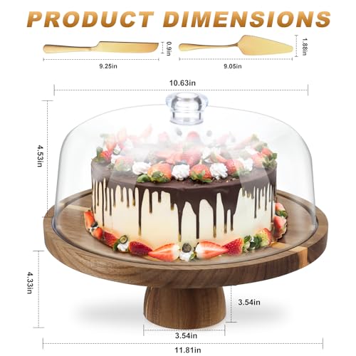 Acacia Wood Cake Stand with Lid, 12'' Round Cake Holder with Clear Acrylic Cover, 2 in 1 Dessert Table Display Set & Charcuterie Board, Kitchen Decor for Birthday or Wedding - Image 3